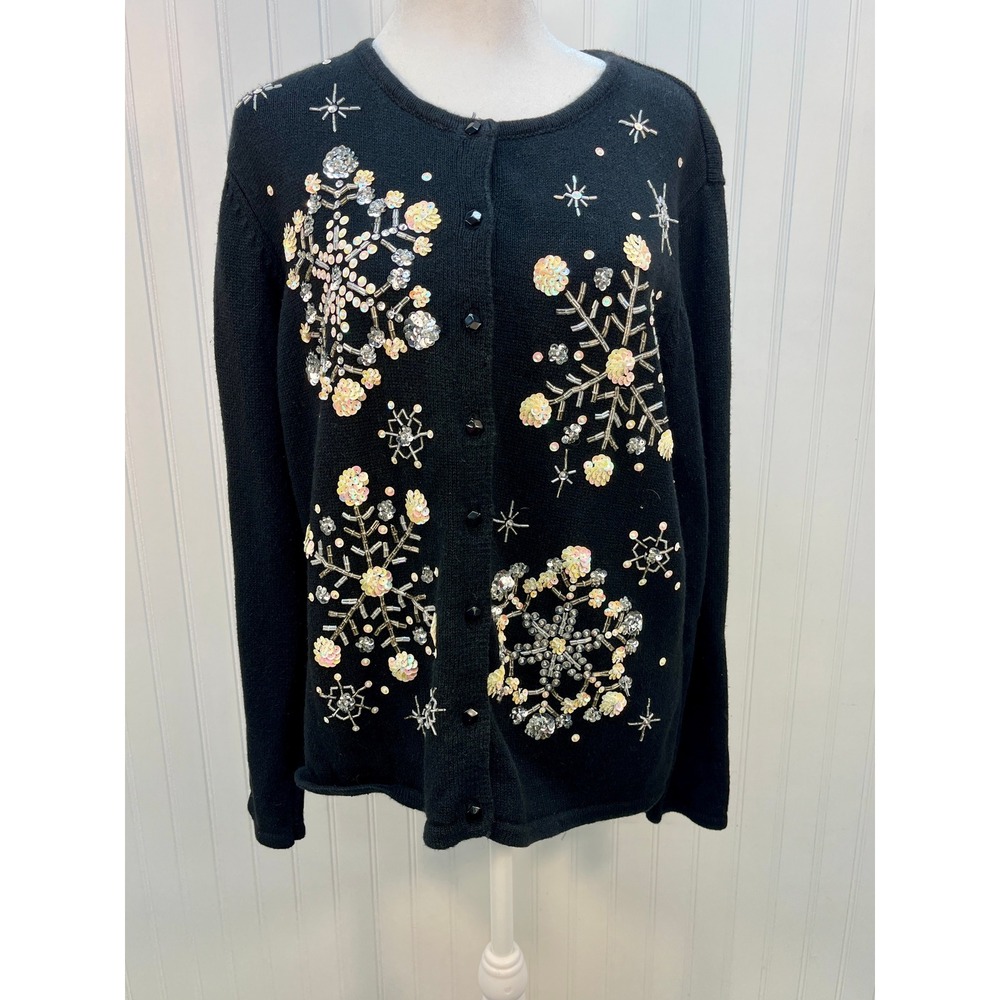 Christmas 2004 Black Snowflake Beaded Sequin CardiganSz M Heirloom Collectibles